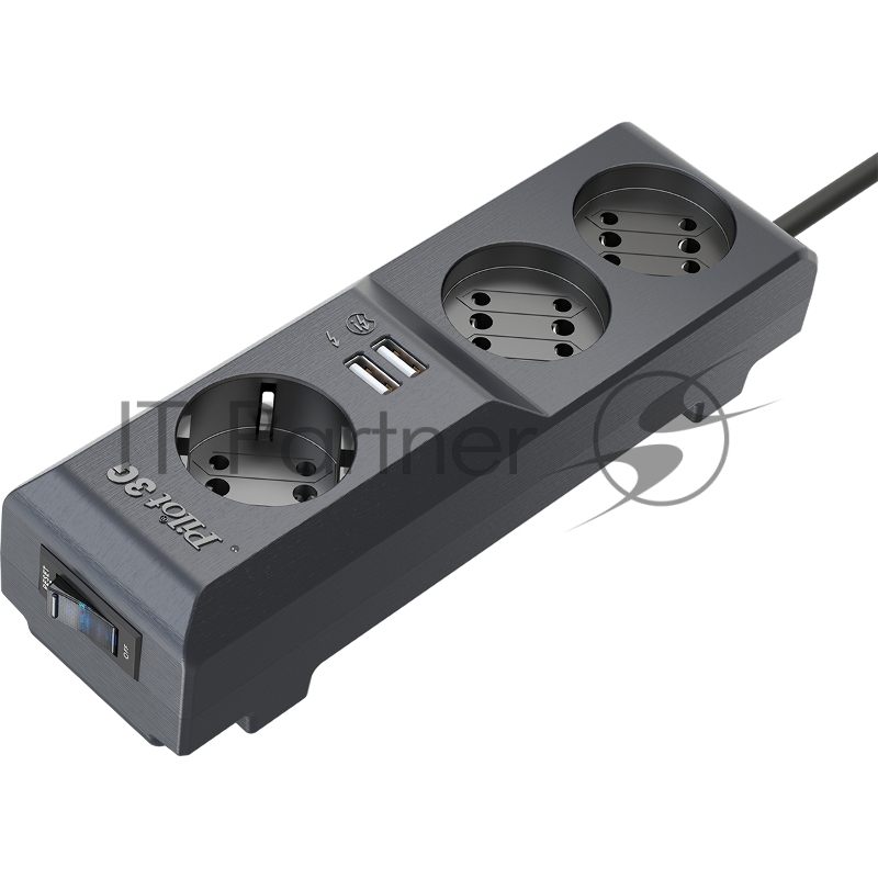 Сетевой фильтр Surge protector Pilot 3G 3xGP euro outlets, 10А/2.2кВа, 2xUSB, 1.8m, black