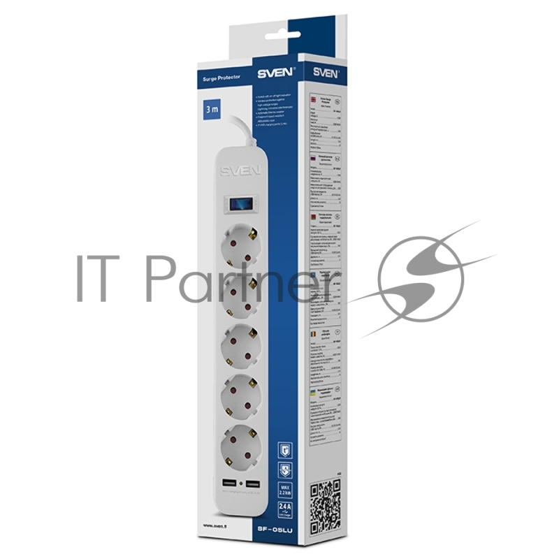 Фильтр SVEN SF-05LU 1,8 м (5 евро розеток,2 USB) белый, цветная коробка Surge protector SVEN SF-05LU 1,8 м (5 евро розеток,2 USB) белый, цветная коробка