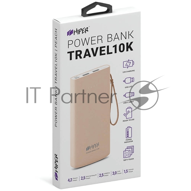 Аккумулятор HIPER Внешний аккумулятор HIPER TRAVEL 10K Li-Pol 10000 mAh Soft-touch 3A+3A 2xUSB 1xType-C персиковый