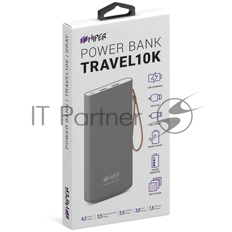 Аккумулятор HIPER Внешний аккумулятор HIPER TRAVEL10K Li-Pol 10000 mAh Soft-touch 3A+3A 2xUSB 1xType-C серый