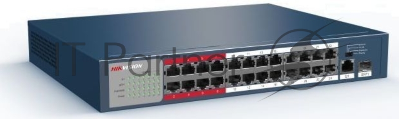 Неуправляемый коммутатор. 24 RJ45 100M PoE с грозозащитой 6кВ, 1 Uplink 1000М, 1 Uplink 1000М SFP, бюджет PoE 230Вт, CAT5e, пропускная способность 8.8 Гб/с, стандарты PoE IEEE802.3af, IEEE802.3at, 100-240 VAC, 4A, -10...+55C