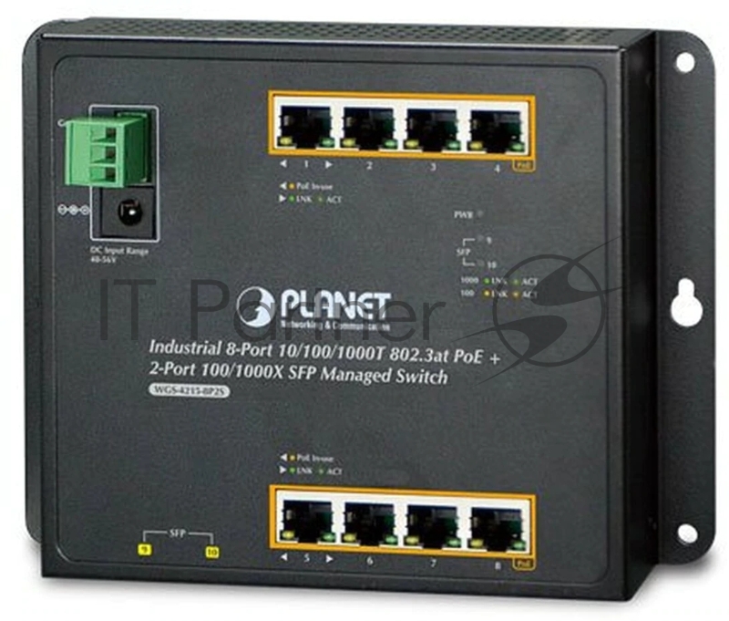 Индустриальный коммутатор Planet IP30, IPv6/IPv4, 8-Port 1000TP + 2-Port 100/1000F SFP Wall-mount Managed Ethernet Switch (-40 to 75 C), dual redundant power input on 12-48VDC / 24VAC terminal block and power jack, SNMPv3, 802.1Q VLAN, IGMP Snooping,