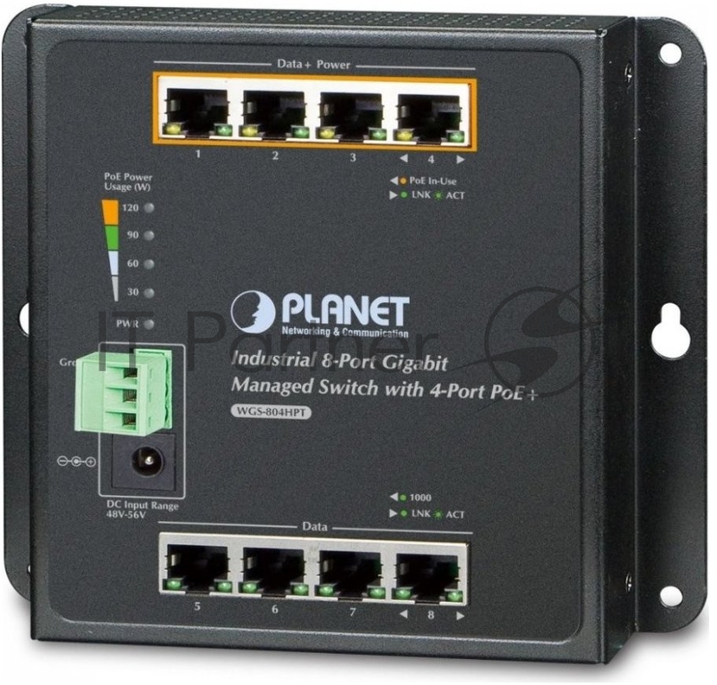Индустриальный коммутатор Planet IP30, IPv6/IPv4, 8-Port 1000TP Wall-mount Managed Ethernet Switch with 4-Port 802.3AT POE+ (-40 to 75 C), dual redundant power input on 48-56VDC terminal block and power jack, SNMPv3, 802.1Q VLAN, IGMP Snooping, SSL,