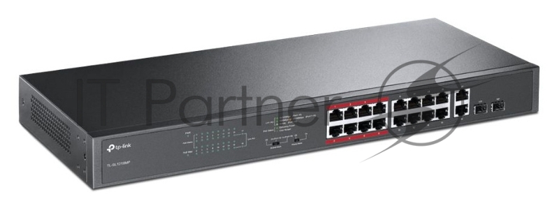 Коммутатор TP-LINK TL-SL1218MP Неуправляемый коммутатор PoE на 16 портов 10/100 Мбит/с и 2 гигабитных порта