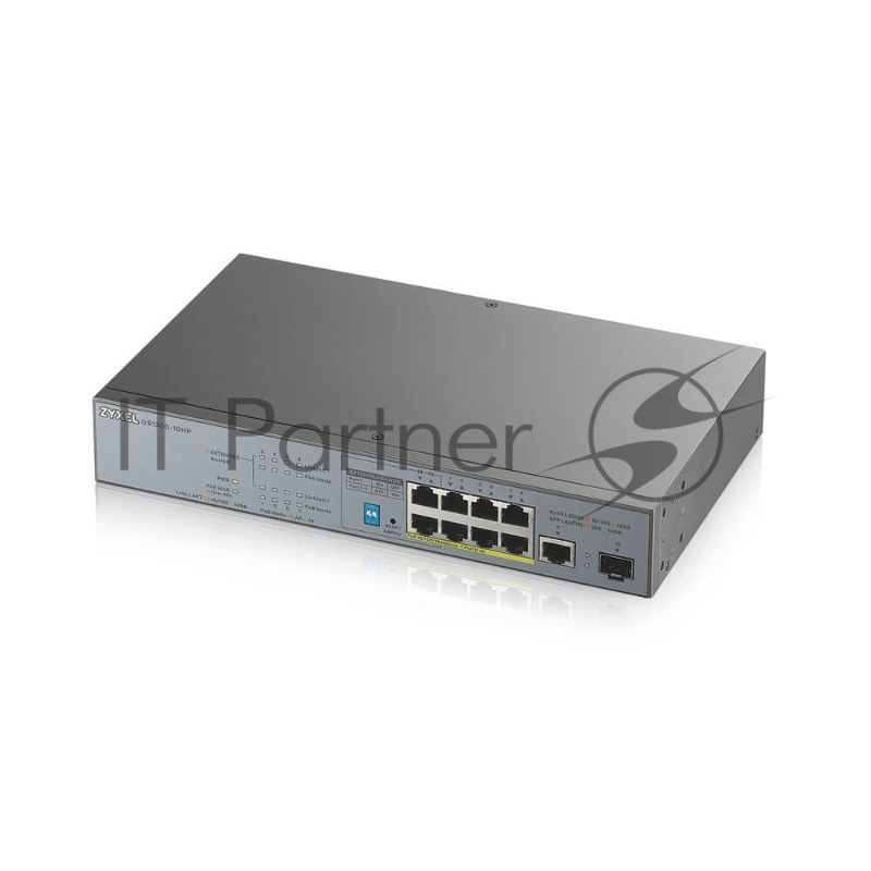 Коммутатор Zyxel GS1300-10HP, 9xGE (8xPoE+), 1xSFP, бюджет PoE 130 Вт, дальность передачи питания до 250 м, повышенная защита от перенапряжений и электростатических разрядов