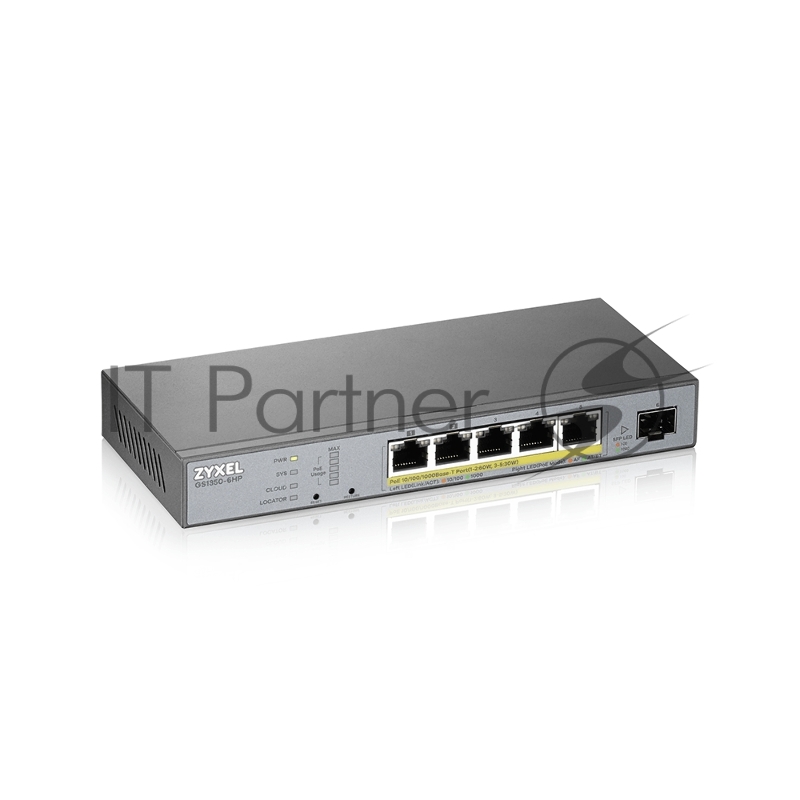 Коммутатор Zyxel GS1350-6HP, 4xGE PoE+, 1xGE PoE++ (802.3bt), 1xSFP, бюджет PoE 60 Вт, дальность передачи питания до 250 м, автоперезагрузка PoE-портов, повышенная защита от перенапряжений и электростатических р