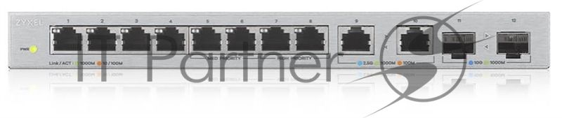 Коммутатор Zyxel XGS1010-12, 8xGE, 2x1/2,5GE, 2xSFP+, настольный, бесшумный