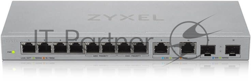 Коммутатор Zyxel XGS1010-12, 8xGE, 2x1/2,5GE, 2xSFP+, настольный, бесшумный