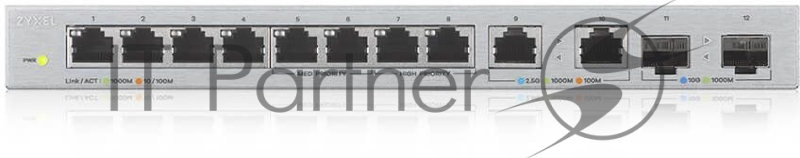 Коммутатор Zyxel XGS1010-12, 8xGE, 2x1/2,5GE, 2xSFP+, настольный, бесшумный