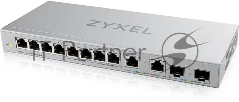 Коммутатор Zyxel XGS1010-12, 8xGE, 2x1/2,5GE, 2xSFP+, настольный, бесшумный