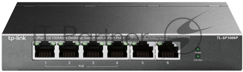 Коммутатор TP-Link 4-port 10/100Mbps Unmanaged PoE+ Switch with 2 10/100Mbps uplink ports, meta case, desktop mount, 4 802.3af/at compliant PoE+ port, 2 10/100Mbps uplink ports, DIP switches for Extend mode, Isolation mode and Priority mode, up to 25