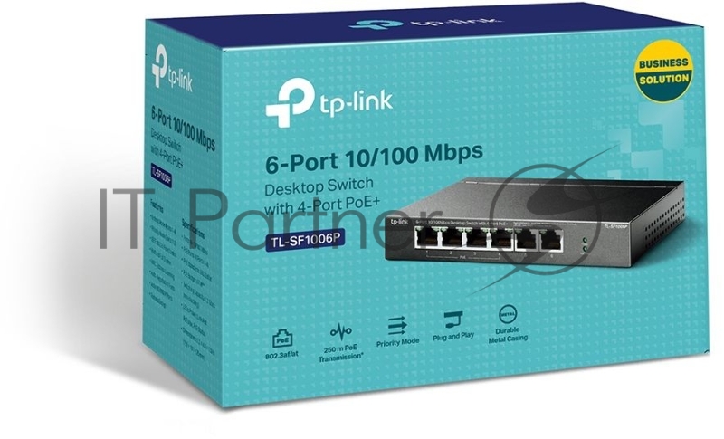 Коммутатор TP-Link 4-port 10/100Mbps Unmanaged PoE+ Switch with 2 10/100Mbps uplink ports, meta case, desktop mount, 4 802.3af/at compliant PoE+ port, 2 10/100Mbps uplink ports, DIP switches for Extend mode, Isolation mode and Priority mode, up to 25