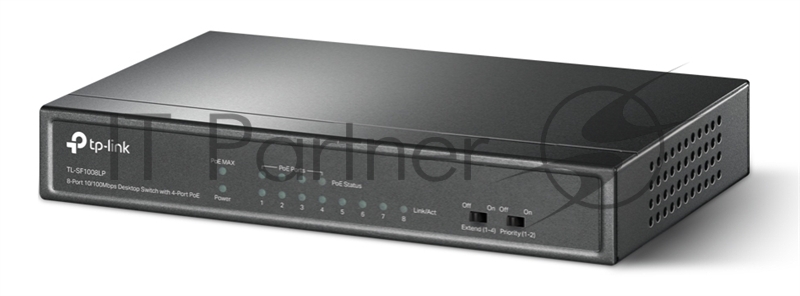 Коммутатор TP-Link 8-Port 10/100Mbps Unmanaged Switch with 4-Port PoE, metal case, desktop mount, PoE budget 41W.