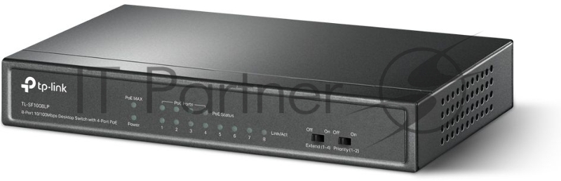 Коммутатор TP-Link 8-Port 10/100Mbps Unmanaged Switch with 4-Port PoE, metal case, desktop mount, PoE budget 41W.