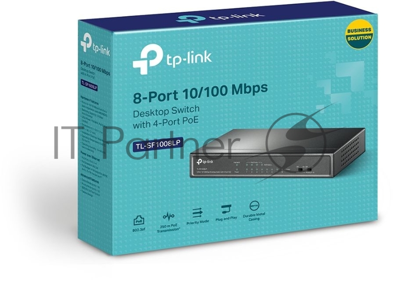 Коммутатор TP-Link 8-Port 10/100Mbps Unmanaged Switch with 4-Port PoE, metal case, desktop mount, PoE budget 41W.