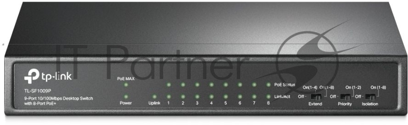 Коммутатор 9-port 10/100Mbps unmanaged switch with 8 PoE+ ports, compliant with 802.3af/at PoE, 65W PoE budget, support 250m Extend Mode, Priority mode and Isolation mode, desktop mount, plug and play.
