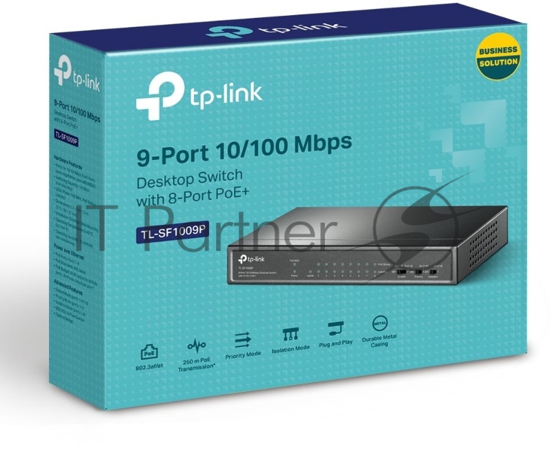 Коммутатор 9-port 10/100Mbps unmanaged switch with 8 PoE+ ports, compliant with 802.3af/at PoE, 65W PoE budget, support 250m Extend Mode, Priority mode and Isolation mode, desktop mount, plug and play.