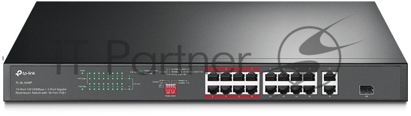 Коммутатор TP-Link 16-port 10/100Mbps + 2-port Gigabit unmanaged switch with 16 PoE+ ports, compliant with 802.3af/at PoE, 150W PoE budget, support 250m Extend Mode, priority mode and Isolation mode, rackmount, plug and play.