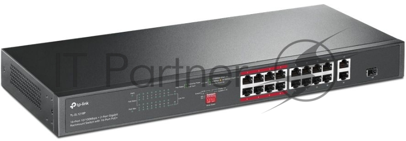 Коммутатор TP-Link 16-port 10/100Mbps + 2-port Gigabit unmanaged switch with 16 PoE+ ports, compliant with 802.3af/at PoE, 150W PoE budget, support 250m Extend Mode, priority mode and Isolation mode, rackmount, plug and play.