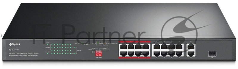 Коммутатор TP-Link 16-port 10/100Mbps + 2-port Gigabit unmanaged switch with 16 PoE+ ports, compliant with 802.3af/at PoE, 150W PoE budget, support 250m Extend Mode, priority mode and Isolation mode, rackmount, plug and play.