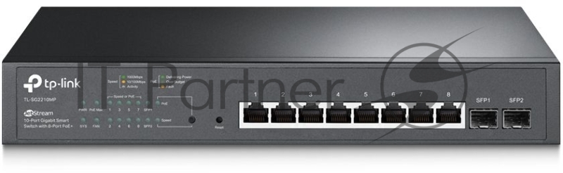 Коммутатор TP-Link JetStream 10-Port Gigabit Smart Switch with 8-Port PoE+, 8× Gigabit PoE+ Ports, 2× Gigabit SFP Slots, 802.3at/af, 150 W PoE Power, 1U 13-inch Rack-mountable Steel CaseIntegration with Omada SDN Controller, 802.1Q VLAN, STP/RSTP/MST