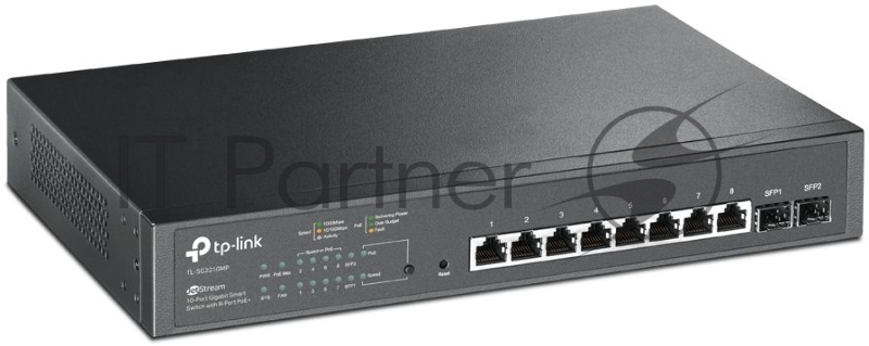 Коммутатор TP-Link JetStream 10-Port Gigabit Smart Switch with 8-Port PoE+, 8× Gigabit PoE+ Ports, 2× Gigabit SFP Slots, 802.3at/af, 150 W PoE Power, 1U 13-inch Rack-mountable Steel CaseIntegration with Omada SDN Controller, 802.1Q VLAN, STP/RSTP/MST