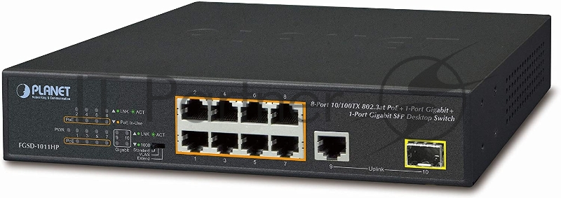 Неуправляемый PoE коммутатор FGSD-1011HP 8-Port 10/100TX 802.3at PoE + 1-Port 10/100/1000T + 1-Port 100/1000X SFP Desktop Switch (120W PoE Budget, Standard/VLAN/Extend mode, 10-inch and rack-mountable)