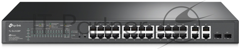 Сетевой коммутатор JetStream 24-port 10/100Mbps + 4-port Gigabit L2 Smart Switch with 24-port PoE+, PoE budget up to 250W, support PoE power management, with abundant L2 features,1U rack mountable, full managed via web UI/CLI/SSH/Telnet/SNMP