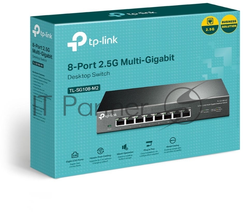 Коммутатор TP-Link 8-port Desktop 2.5G Unmanaged switch, 8 100/1G/2.5G RJ-45 ports, Fanless design, 12V/1.5A DC power supply.