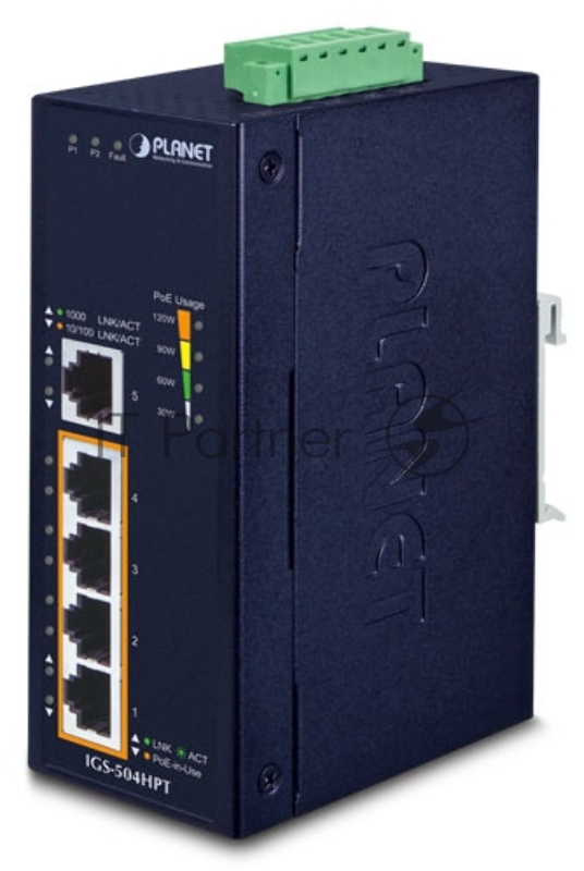 Коммутатор PLANET IP30 5-Port Gigabit Switch with 4-Port 802.3AT POE+ (-40 to 75 C)