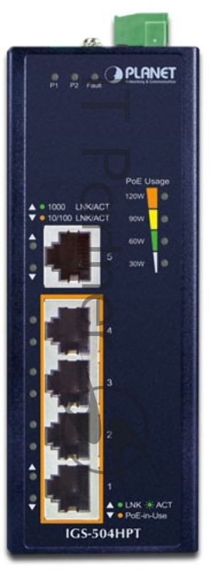 Коммутатор PLANET IP30 5-Port Gigabit Switch with 4-Port 802.3AT POE+ (-40 to 75 C)