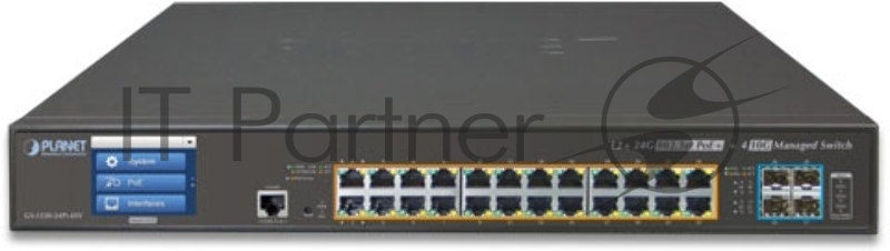 Коммутатор PLANET L2+/L4 24-Port 10/100/1000T 802.3at PoE + 4-Port 10G SFP+ Managed Switch with Color LCD Touch Screen, Hardware Layer3 IPv4/IPv6 Static Routing (400W PoE Budget, ONVIF)