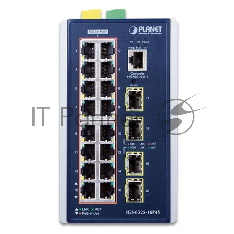Коммутатор PLANET IGS-6325-16P4S IP30 DIN-rail Industrial L3 16-Port 10/100/1000T 802.3at PoE + 4-port 1G/2.5G SFP Full Managed Switch (-40 to 75 C, dual redundant power input on 48~56VDC terminal block, DIDO, ERPS Ring, 1588, Modbus TCP, ONVIF, Cybe