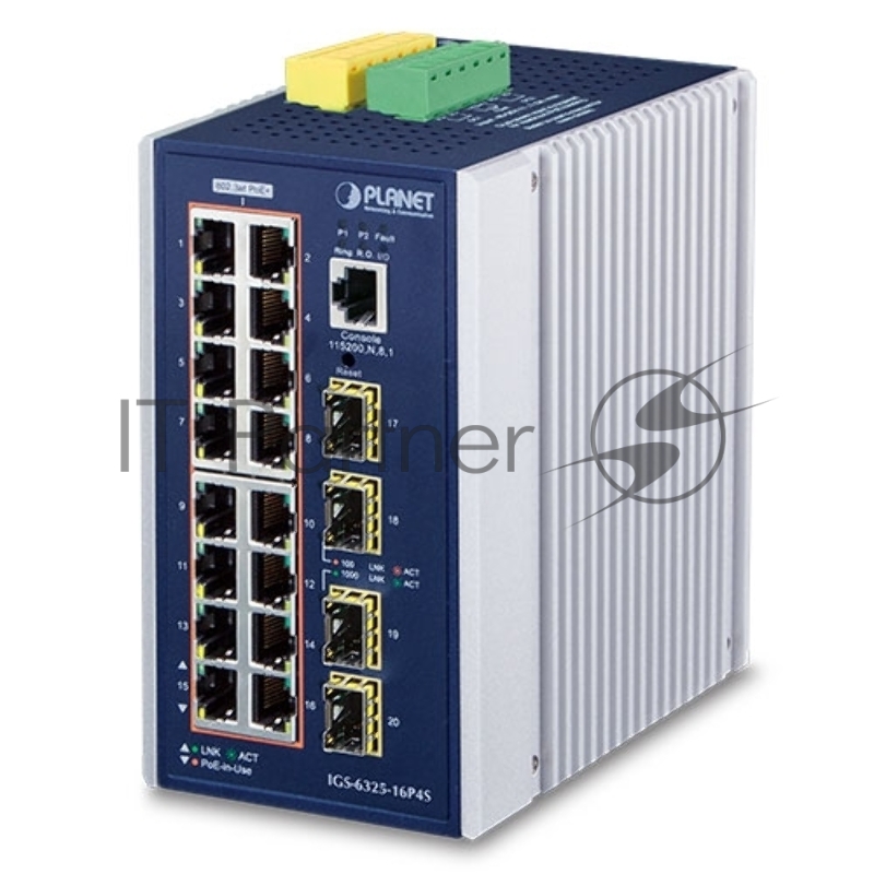 Коммутатор PLANET IGS-6325-16P4S IP30 DIN-rail Industrial L3 16-Port 10/100/1000T 802.3at PoE + 4-port 1G/2.5G SFP Full Managed Switch (-40 to 75 C, dual redundant power input on 48~56VDC terminal block, DIDO, ERPS Ring, 1588, Modbus TCP, ONVIF, Cybe