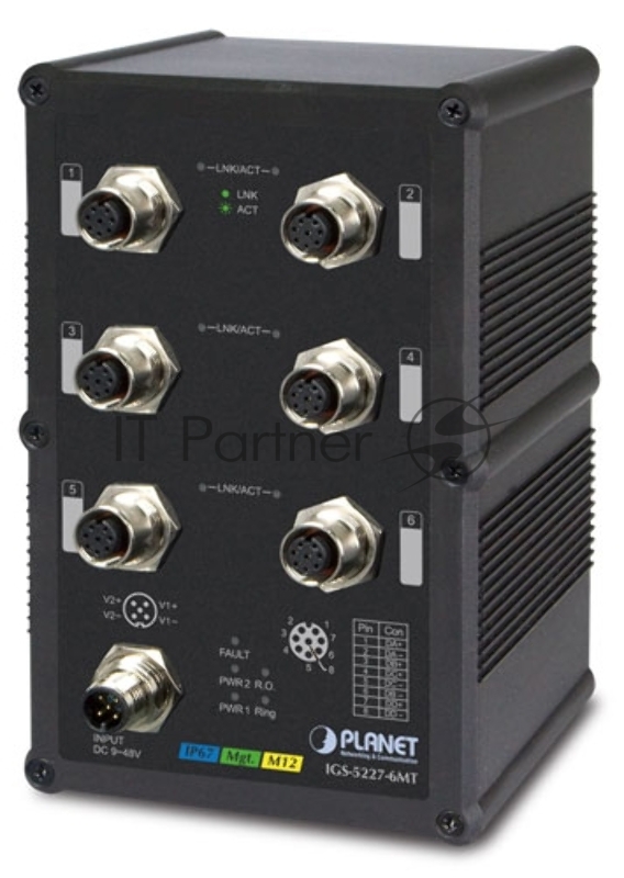 Индустриальный IP67 коммутатор PLANET Technology IGS-5227-6MT IP67-rated Industrial L2+ 6-Port 10/100/1000T A-coded M12 Managed Ethernet Switch (-40~75 degrees C) , ERPS Ring, 1588, Modbus TCP