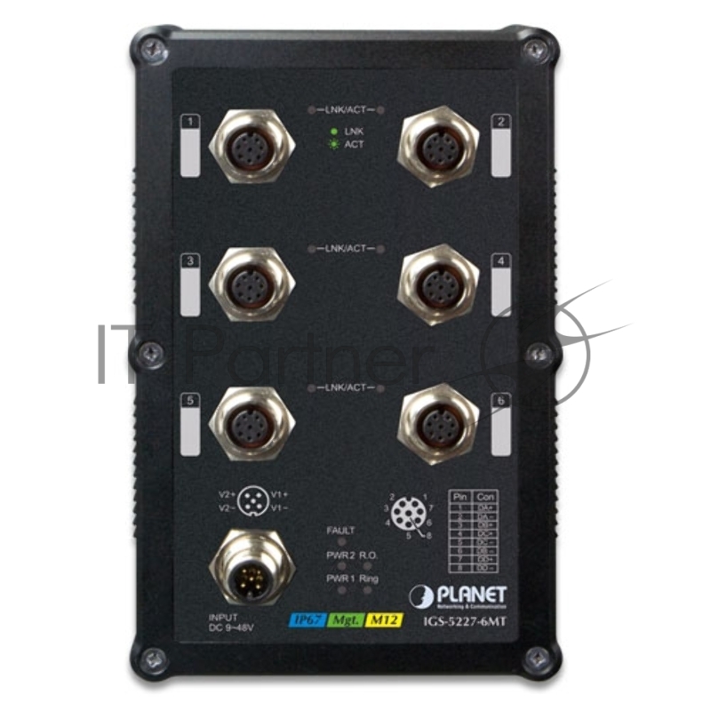 Индустриальный IP67 коммутатор PLANET Technology IGS-5227-6MT IP67-rated Industrial L2+ 6-Port 10/100/1000T A-coded M12 Managed Ethernet Switch (-40~75 degrees C) , ERPS Ring, 1588, Modbus TCP
