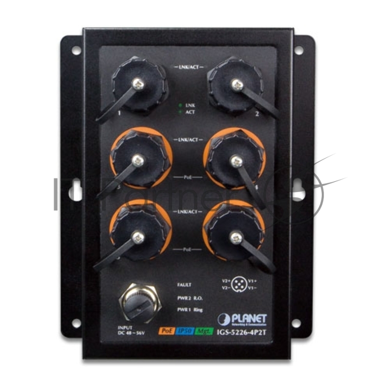 Коммутатор PLANET Technology IGS-5226-4P2T IP50 Industrial L2+ 4-Port 10/100/1000T 802.3at PoE + 2-Port 10/100/1000T Managed Ethernet Switch(-40~75 degrees C) , ERPS Ring, 1588, 6 x waterproof RJ45 connectors included