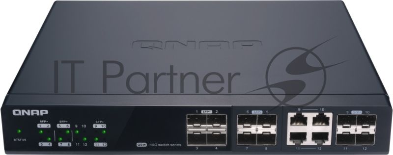Коммутатор QNAP QSW-M1204-4C Managed 10 Gbps switch with 12 SFP + ports, 4 of which are combined with RJ-45, throughput up to 240 Gbps, JumboFrame support.