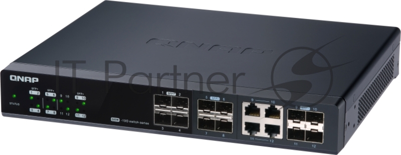 Коммутатор QNAP QSW-M1204-4C Managed 10 Gbps switch with 12 SFP + ports, 4 of which are combined with RJ-45, throughput up to 240 Gbps, JumboFrame support.