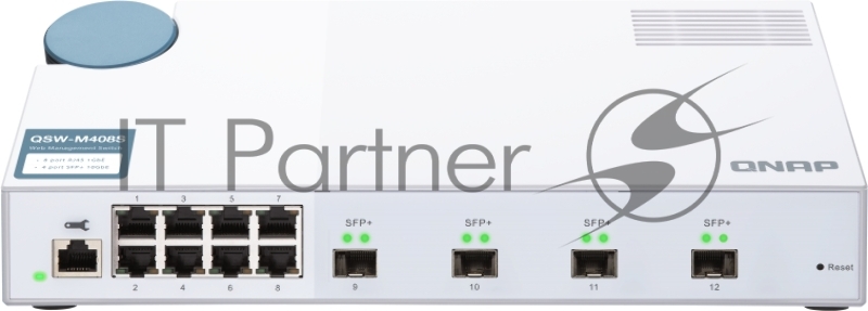 Коммутатор QNAP QSW-M408S 10 Gbps managed switch with 4 SFP + ports, 8 1 Gbps RJ-45 ports, bandwidth up to 96 Gbps, JumboFrame support.