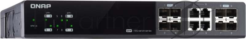Коммутатор QNAP QSW-M804-4C 10 Gbps managed switch with 8 SFP + ports, 4 of which are combined with RJ-45, throughput up to 160 Gbps, JumboFrame support.