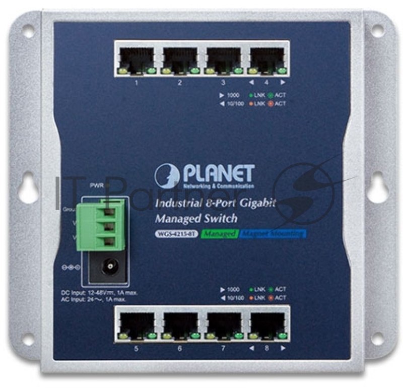 Индустриальный коммутатор PLANET Technology WGS-4215-8T IP30, IPv6/IPv4, 8-Port 1000TP Wall-mount Managed Ethernet Switch (-40 to 75 C), dual redundant power input on 12-48VDC / 24VAC terminal block and power jack, SNMPv3, 802.1Q VLAN, IGMP Snooping