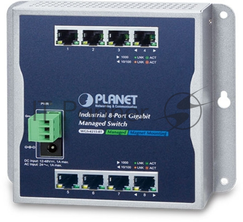 Индустриальный коммутатор PLANET Technology WGS-4215-8T IP30, IPv6/IPv4, 8-Port 1000TP Wall-mount Managed Ethernet Switch (-40 to 75 C), dual redundant power input on 12-48VDC / 24VAC terminal block and power jack, SNMPv3, 802.1Q VLAN, IGMP Snooping