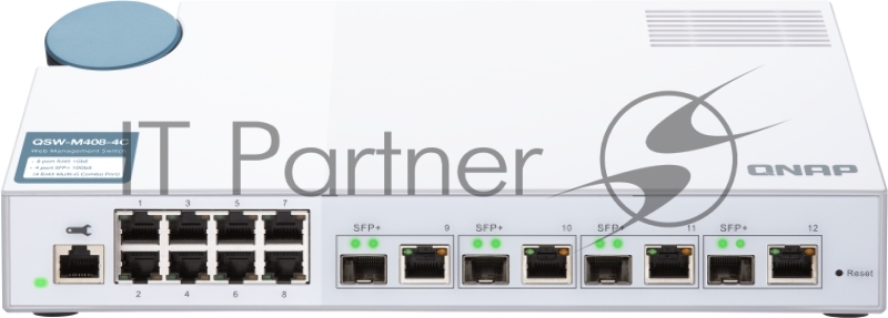 Коммутатор QNAP QSW-M408-4C 10 Gbps managed switch with 4 SFP + ports, combined with RJ-45, 8 1 Gbps RJ-45 ports, bandwidth up to 96 Gbps, JumboFrame support.