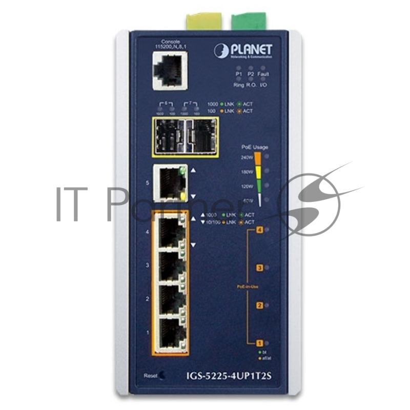 Коммутатор PLANET IP30 Industrial L2+/L4 4-Port 60W 1000T Ultra PoE+ 1-Port 1000T + 2-port 100/1000X SFP Full Managed Switch (-40 to 75 C, dual redundant power input on 48~56VDC terminal block, DIDO, ERPS Ring Supported, 1588)