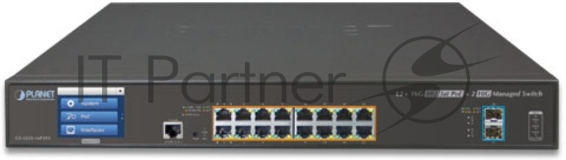 Коммутатор PLANET L2+/L4 16-Port 10/100/1000T 802.3at PoE + 2-Port 10G SFP+ Managed Switch with Color LCD Touch Screen, Hardware Layer3 IPv4/IPv6 Static Routing, W/ 48V Redundant Power (220W PoE Budget, ONVIF)