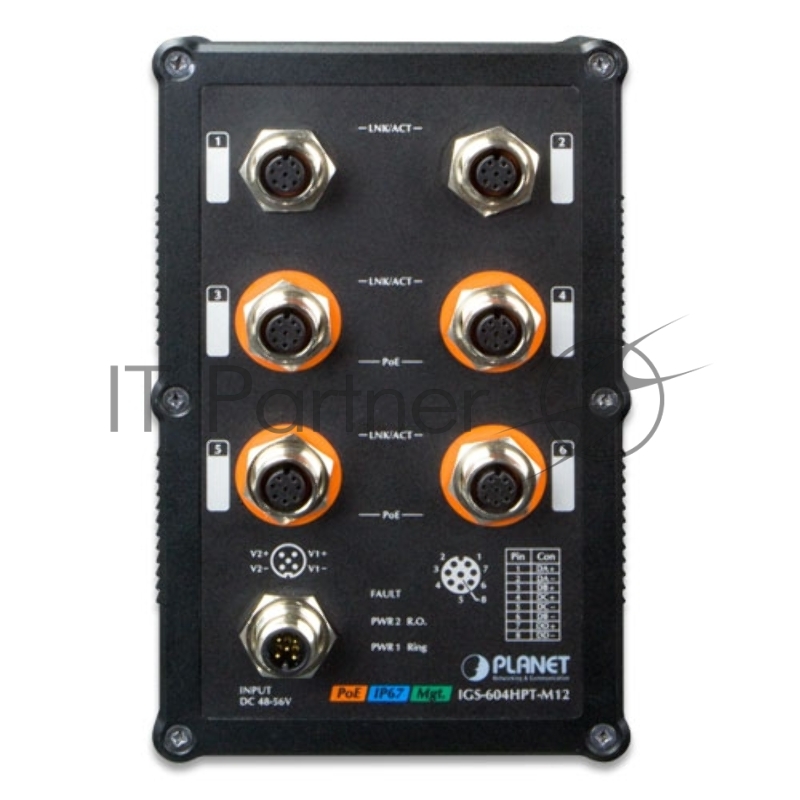 Коммутатор PLANET IP67-rated Industrial L2+ 4-Port 10/100/1000T M12 802.3at PoE + 2-Port 10/100/1000T M12 Managed Ethernet Switch (-40~75 degrees C) , ERPS Ring, 1588