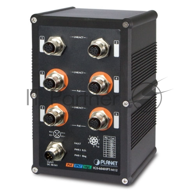 Коммутатор PLANET IP67-rated Industrial L2+ 4-Port 10/100/1000T M12 802.3at PoE + 2-Port 10/100/1000T M12 Managed Ethernet Switch (-40~75 degrees C) , ERPS Ring, 1588