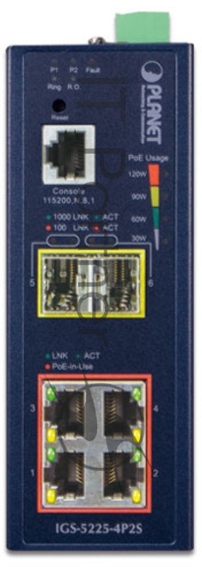 Коммутатор PLANET IGS-5225-4P2S IP40 Industrial L2+/L4 4-Port 1000T 802.3at PoE + 2-Port 100/1000X SFP Full Managed Switch (-40 to 75 C, dual redundant power input on 48~56VDC terminal block, ERPS Ring, 1588, Modbus TCP, ONVIF, Cybersecurity feature