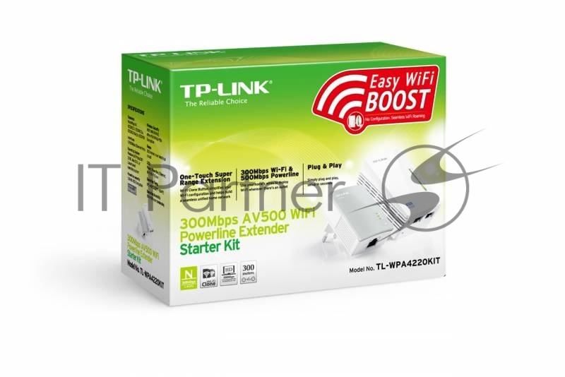 Сетевой адаптер TP-Link TL-WPA4220KIT Комплект адаптеров Powerline стандарта AV500 с функцией усилителя беспроводного сигнала до 300 Мбит/с